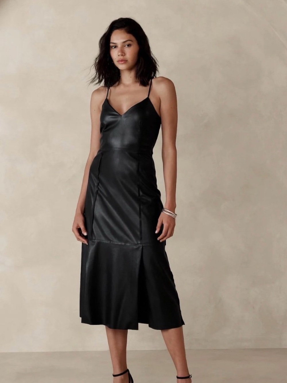 Banana Republic Black Faux-Leather Slip Midi Dress